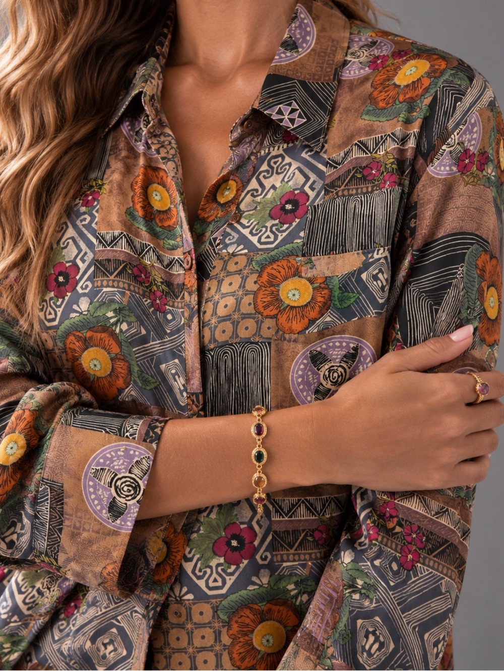 Vintage TESS 100% Silk Patchwork Floral Button Down Blouse Size M